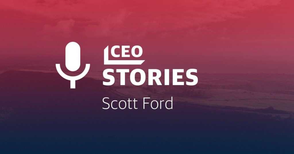 A graphic with a microphone icon and text that says CEO Stories - Scott Ford.