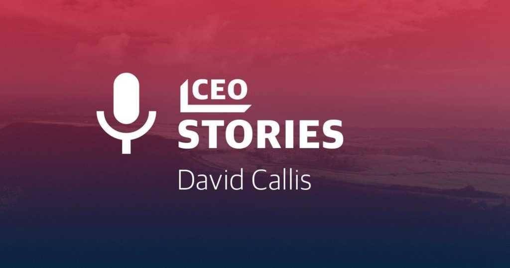 A graphic with a microphone icon and text that says CEO Stories - David Callis